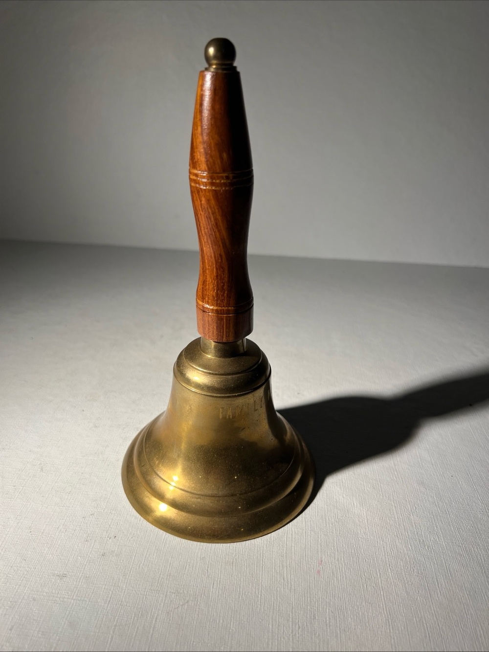 Vintage Brass Hand Bell Wooden Handle Family Ministries Church Bell